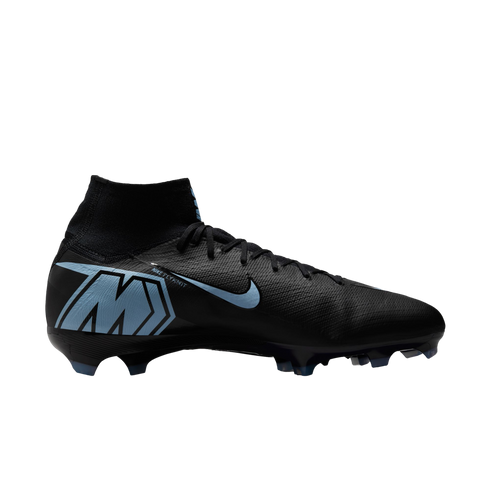Profile view of a black and light blue Nike Mercurial soccer cleat with a high-top collar and large "M" heel logo, isolated on a black background.