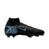 Profile view of a black and light blue Nike Mercurial soccer cleat with a high-top collar and large "M" heel logo, isolated on a black background.