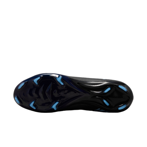 Bottom of a black soccer cleat with a glossy dark blue soleplate and light blue studs, shown against a black background.