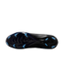 Bottom of a black soccer cleat with a glossy dark blue soleplate and light blue studs, shown against a black background.