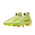 Neon green Nike soccer cleats with high-top ankle collars and bright orange studs, shown against a solid black background.