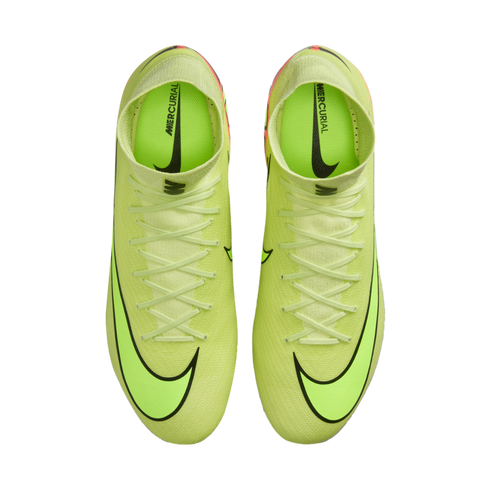 Top-down view of a pair of neon green Nike Mercurial soccer cleats with black swooshes and high-top collars.
