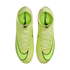 Top-down view of a pair of neon green Nike Mercurial soccer cleats with black swooshes and high-top collars.