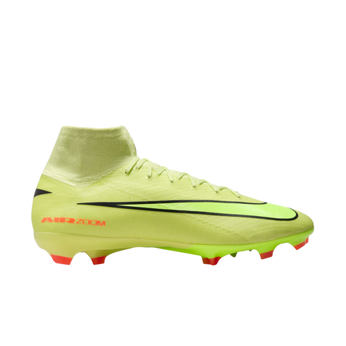 A lime green Nike soccer cleat featuring a high-top collar, a prominent black swoosh, and red "AIR ZOOM" branding on the side.