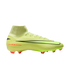 A lime green Nike soccer cleat featuring a high-top collar, a prominent black swoosh, and red "AIR ZOOM" branding on the side.