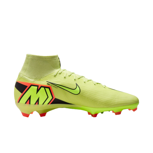 A side-view image of a neon yellow Nike Mercurial soccer cleat featuring a high-top sock collar and a large "M" logo on the heel, set against a black background.