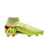 A side-view image of a neon yellow Nike Mercurial soccer cleat featuring a high-top sock collar and a large "M" logo on the heel, set against a black background.