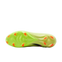 Bottom view of a bright lime green soccer cleat featuring orange-red traction studs, displayed against a solid black background.
