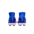 Rear view of royal blue and pink Nike Mercurial soccer cleats with high-top ankle collars and white outsoles against a black background.