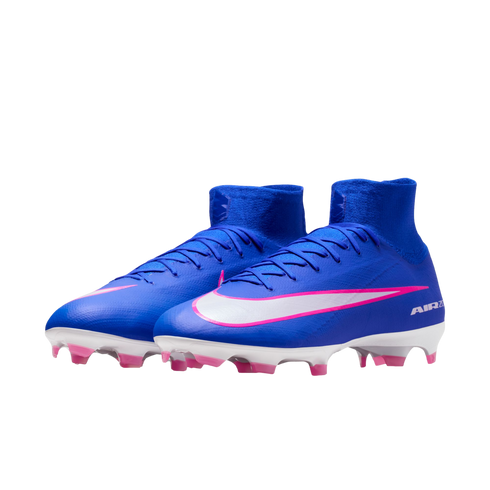Pair of royal blue Nike soccer cleats with a pink-outlined white swoosh, high-top ankle collars, and pink studs.