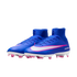 Pair of royal blue Nike soccer cleats with a pink-outlined white swoosh, high-top ankle collars, and pink studs.