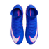 Top-down view of royal blue Nike Mercurial soccer cleats with white and pink swooshes, high-top collars, and blue laces on a black background.