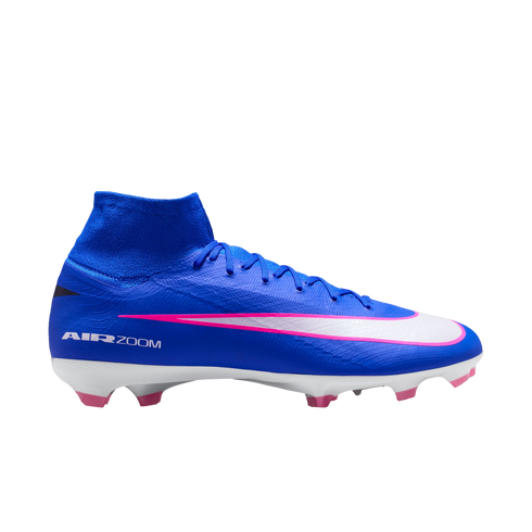 Blue Nike Air Zoom soccer cleat with a white and pink swoosh, pink studs, and a high-top sock collar.