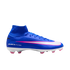 Blue Nike Air Zoom soccer cleat with a white and pink swoosh, pink studs, and a high-top sock collar.
