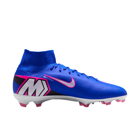 Profile of a blue Nike soccer cleat with a high-top ankle collar and pink accents, isolated on a black background.