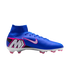 Profile of a blue Nike soccer cleat with a high-top ankle collar and pink accents, isolated on a black background.