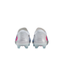 Back view of white soccer cleats with pink and blue accents on a black background.