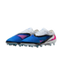 A pair of blue, white, and black Nike Phantom GX soccer cleats with pink accents on a black background.