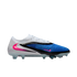 Profile view of a white, blue, and black Nike soccer cleat with pink accents, set against a solid black background.