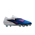 Side profile of a Nike Phantom football boot with a white heel and blue textured forefoot with pink accents, set against a black background.
