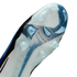 Close-up of the translucent blue and white sole plate of a Nike soccer cleat with "NIKE CYCLONE 360" branding and integrated studs.