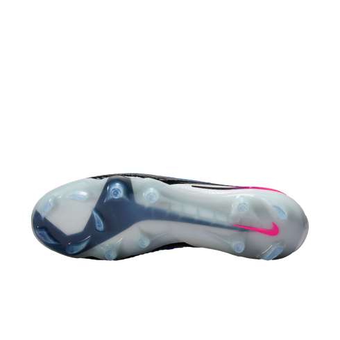 Sole of a Nike soccer cleat with clear studs, a white and blue base, and a pink swoosh against a black background.