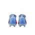 Rear view of light blue and red soccer cleats with high-top collars and clear studs, against a black background.