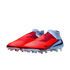 A pair of red and light blue Nike laceless soccer cleats with high-top ankle collars, set against a black background.