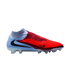 Side profile of a Nike soccer cleat featuring a red and light blue design, black swooshes, and a high-top collar, shown against a black background.