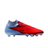 A Nike Phantom soccer cleat with a vibrant red forefoot and light blue heel, featuring a sock-like collar, shown against a solid black background.
