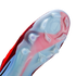 A close-up of a Nike soccer cleat's translucent soleplate with a red swoosh, showing the traction pattern and "NIKE CYCLONE 360" text against a black background.