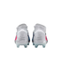 Rear view of white high-top soccer cleats with pink and blue accents and ribbed heels on a black background.