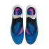 Top-down view of blue and black Nike Phantom soccer cleats with pink accents and white collars, featuring a textured upper and laceless design.