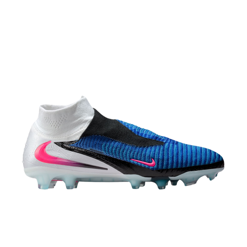 Nike Phantom Vision 2 soccer cleat in white, blue, and black with pink swooshes. Features a high collar and textured upper, shown in profile against a solid black background.