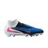 Nike Phantom Vision 2 soccer cleat in white, blue, and black with pink swooshes. Features a high collar and textured upper, shown in profile against a solid black background.