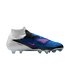 Side-view of a Nike Phantom soccer cleat featuring a white heel and collar, blue textured upper with pink accents, and translucent studs against a black background.