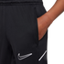 Close-up of black Nike athletic pants with a hand in the side pocket. Features a white embroidered swoosh logo and a diagonal white stripe.