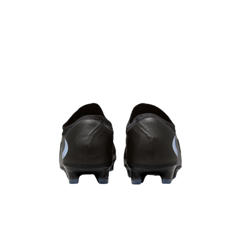 Rear view of a pair of black soccer cleats with white logo accents, set against a solid black background.