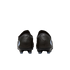 Rear view of a pair of black soccer cleats with white logo accents, set against a solid black background.