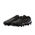 A pair of black Nike soccer cleats with light blue accents and textured uppers, set against a solid black background.
