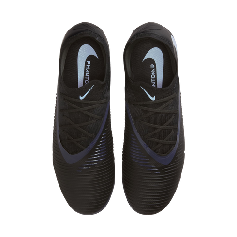 Top-down view of a pair of black Nike Phantom soccer cleats with light blue and dark blue accents, shown against a solid black background.