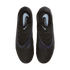 Top-down view of a pair of black Nike Phantom soccer cleats with light blue and dark blue accents, shown against a solid black background.