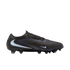 Side profile of a black Nike Phantom Venom soccer cleat with light blue swooshes and a textured upper, set against a black background.
