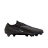 Profile of a black Nike Phantom football boot with light blue accents, a textured upper, and blue-tipped cleats, set against a black background.