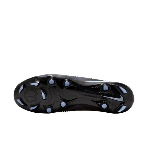 Bottom view of a black Nike soccer cleat featuring a glossy soleplate and light blue studs, set against a black background.