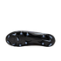 Bottom view of a black Nike soccer cleat featuring a glossy soleplate and light blue studs, set against a black background.