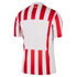 Back view of a red and white vertically striped soccer jersey with a large central white panel for player details and a small flag on the back neck.