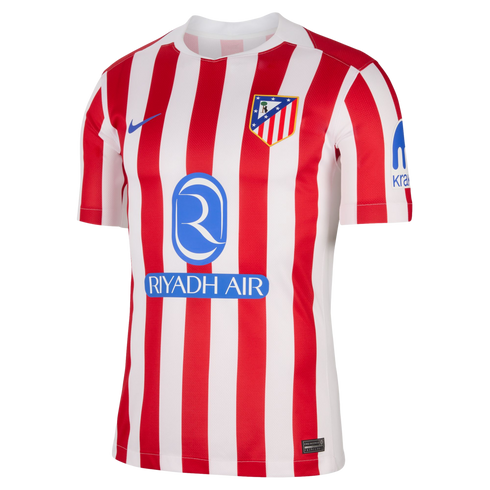 Atlético de Madrid 2024-25 home jersey featuring red and white vertical stripes, the Nike logo, team crest, and Riyadh Air and Kraken sponsorships.