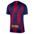 Back of a blue and red striped soccer jersey with a yellow UNHCR logo at the bottom and a small Catalan flag below the collar.
