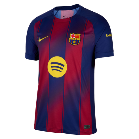 FC Barcelona home jersey with blue and red vertical stripes, yellow Nike swoosh, club crest, and a yellow Spotify logo in the center.